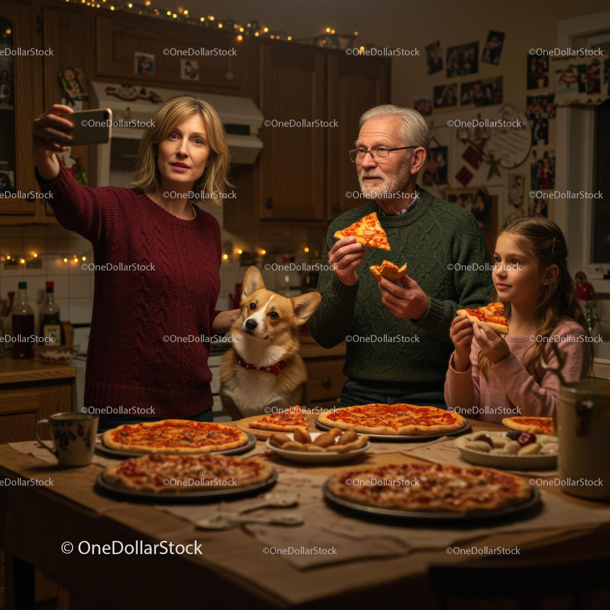 Rodzina cieszy się wieczorem pizzy z Corgi i świątecznymi światłami