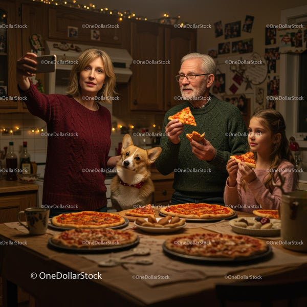 Family Enjoying Pizza Night with Corgi and Festive Lights