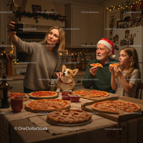 Rodzina świętuje Boże Narodzenie z pizzą i corgi