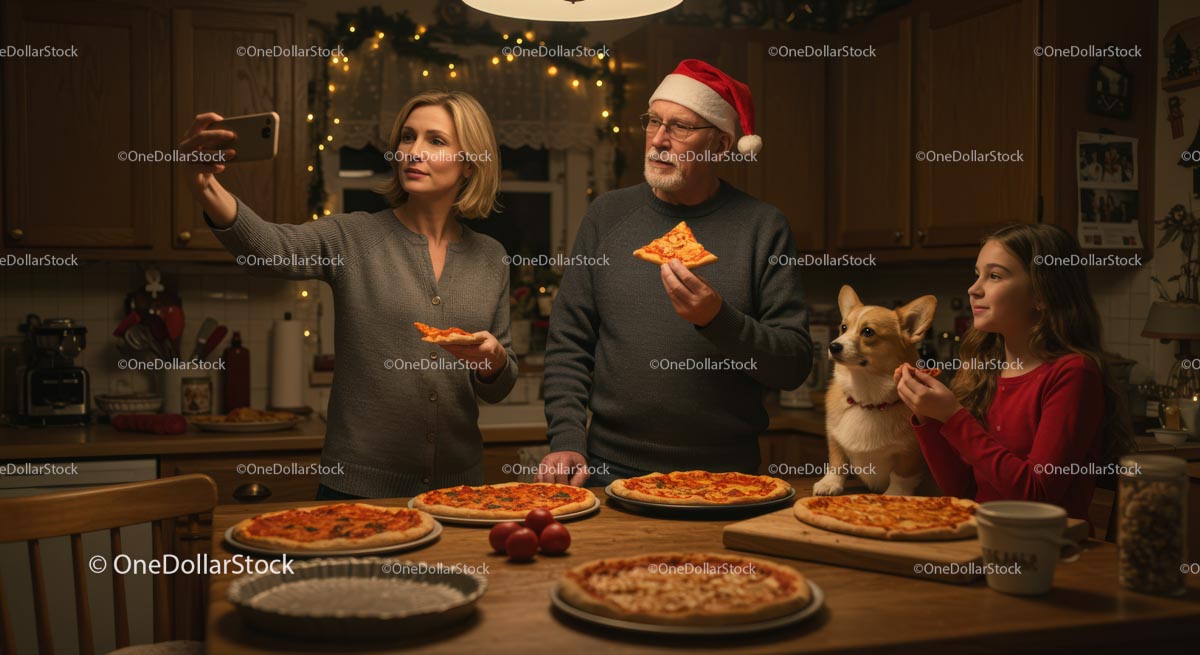 Family Enjoying Pizza Night with Cozy Holiday Vibes