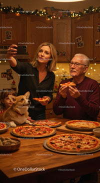 Family Enjoying Pizza Night with Cozy Holiday Vibes