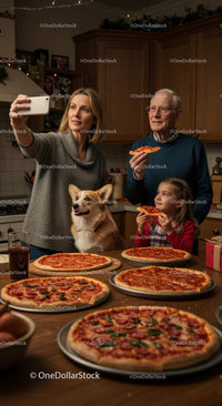 Family Enjoying Pizza Night with Corgi and Selfies