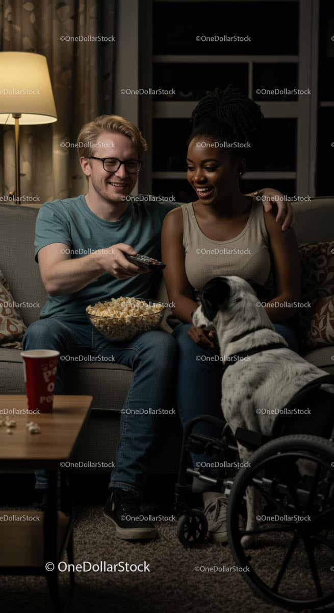 Diverse Couple Enjoying Movie Night with Pet Dog