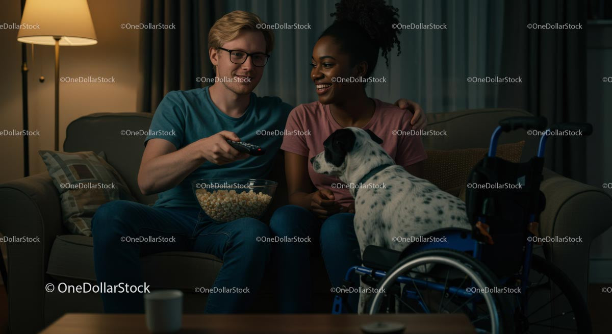 Couple Relaxing with Dog and Popcorn in Cozy Living Room