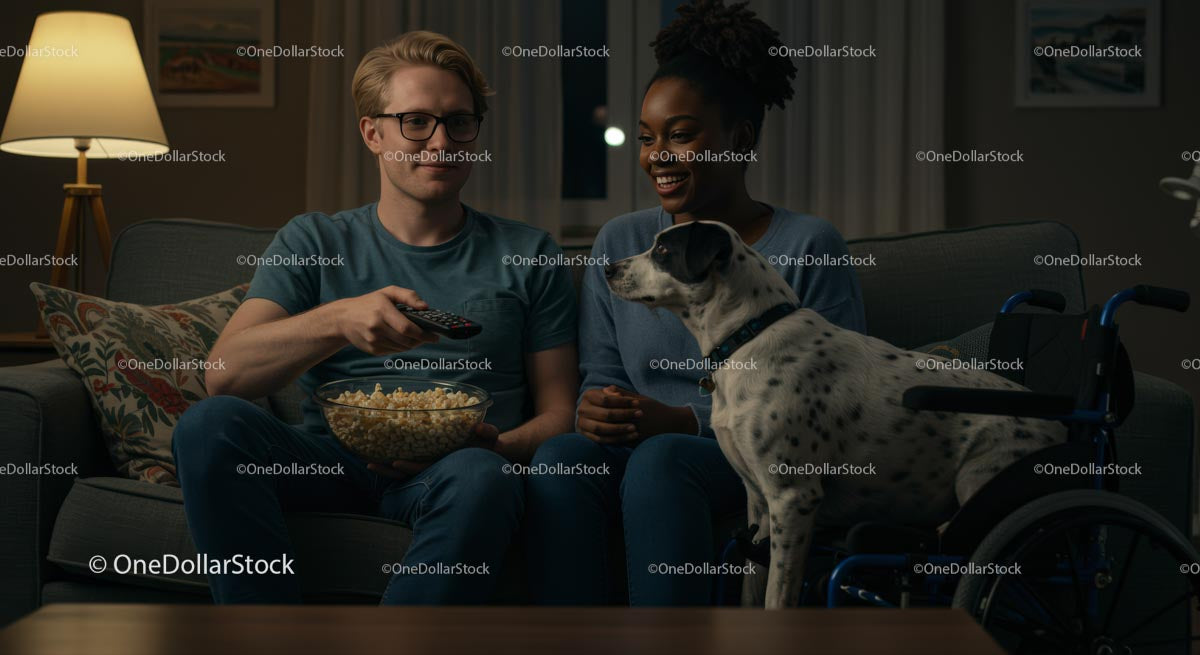 Happy Couple Watching TV with Popcorn and Pet Dog