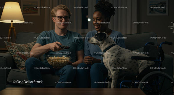 Szczęśliwa Para Oglądająca Telewizję z Popcornem i Psem