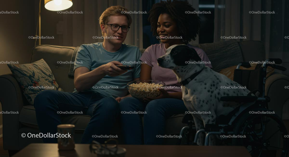 Couple Relaxing with Dog and Popcorn in Cozy Living Room