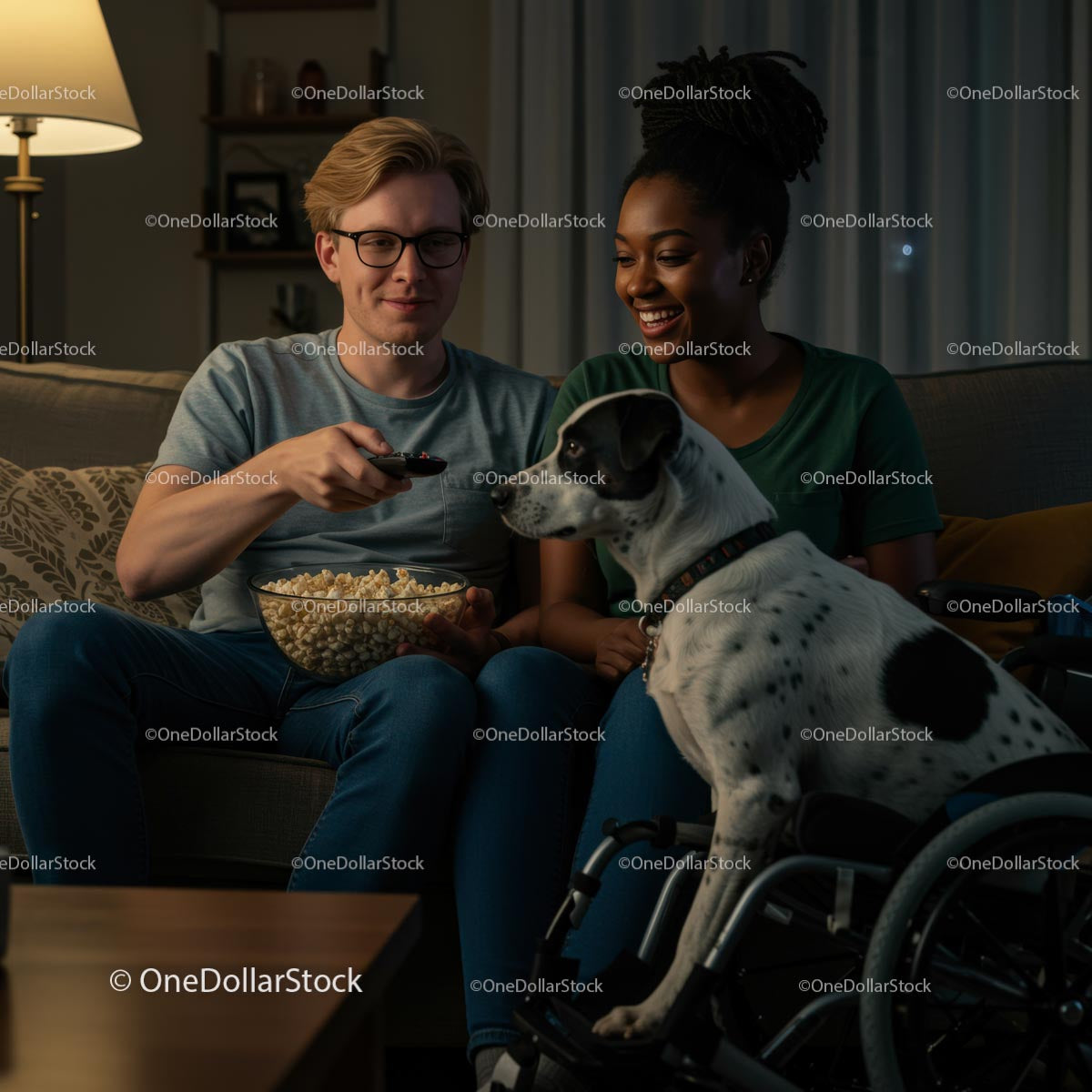 Couple Relaxing with Popcorn and Dog in Cozy Living Room