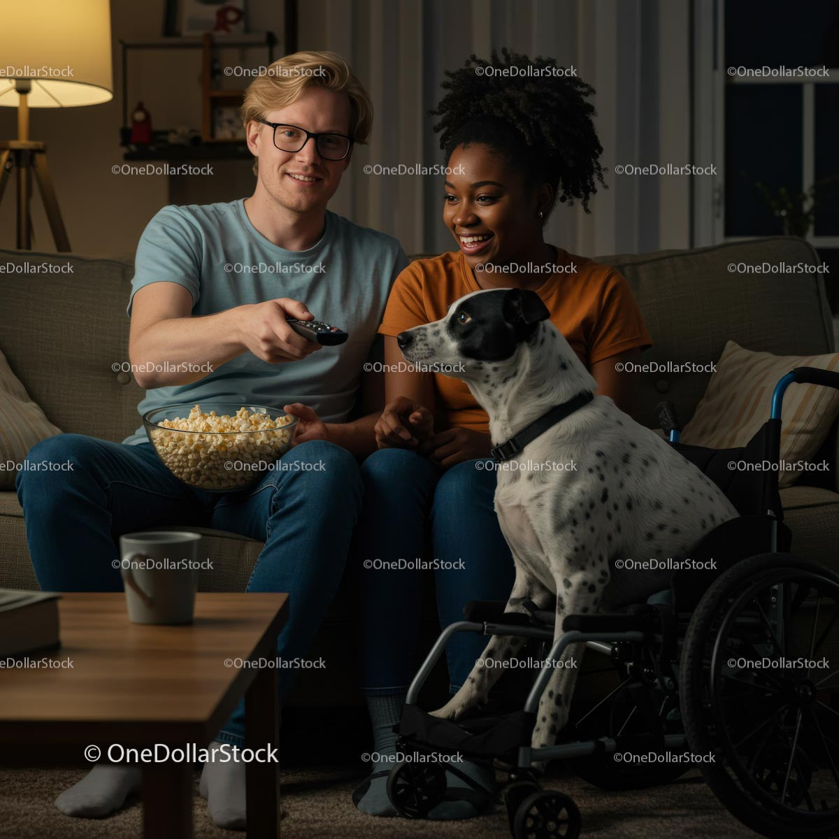 Couple Enjoying Movie Night with Dog in Cozy Living Room