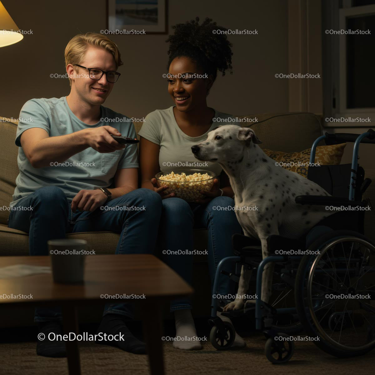 Couple Enjoying Movie Night with Dalmatian in Wheelchair