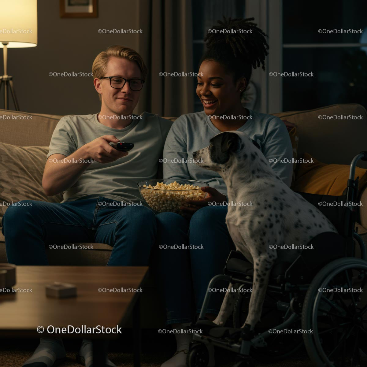 Couple Relaxing with Dog and Popcorn in Cozy Living Room