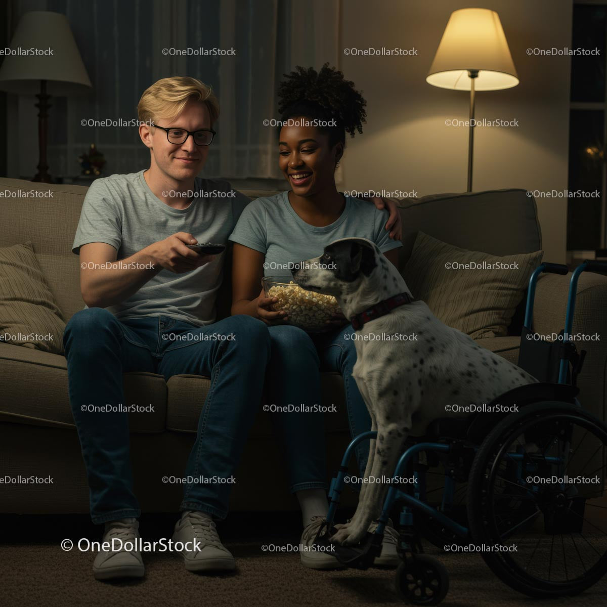 Couple Enjoying Movie Night with Dog in Cozy Living Room