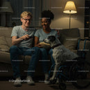 Couple Enjoying Movie Night with Dog in Cozy Living Room