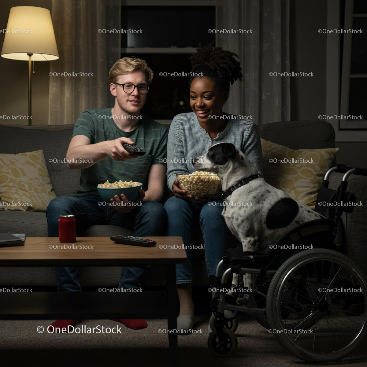 Couple Enjoying Movie Night with Dog in Wheelchair