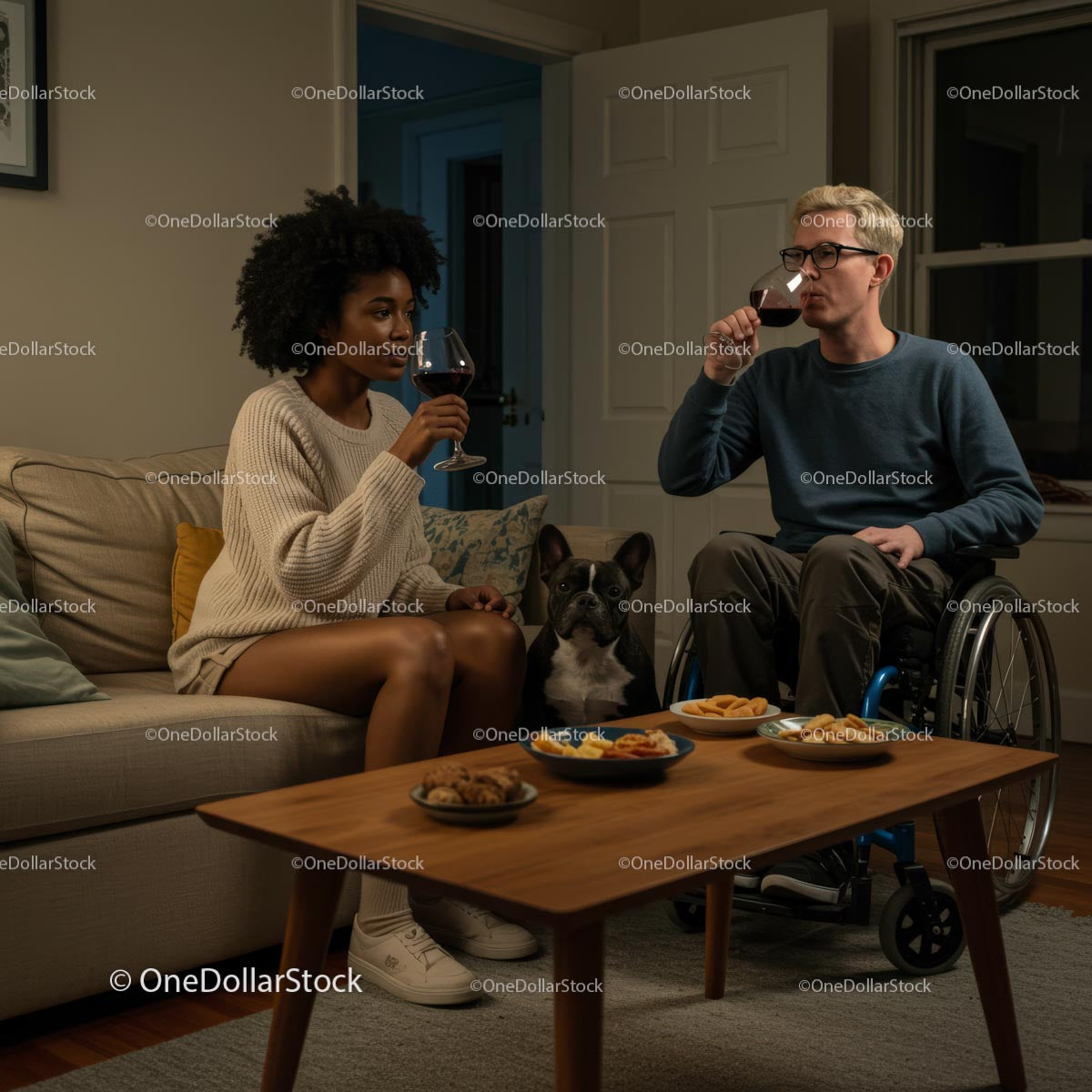 Friends Enjoying Wine and Snacks in Cozy Living Room