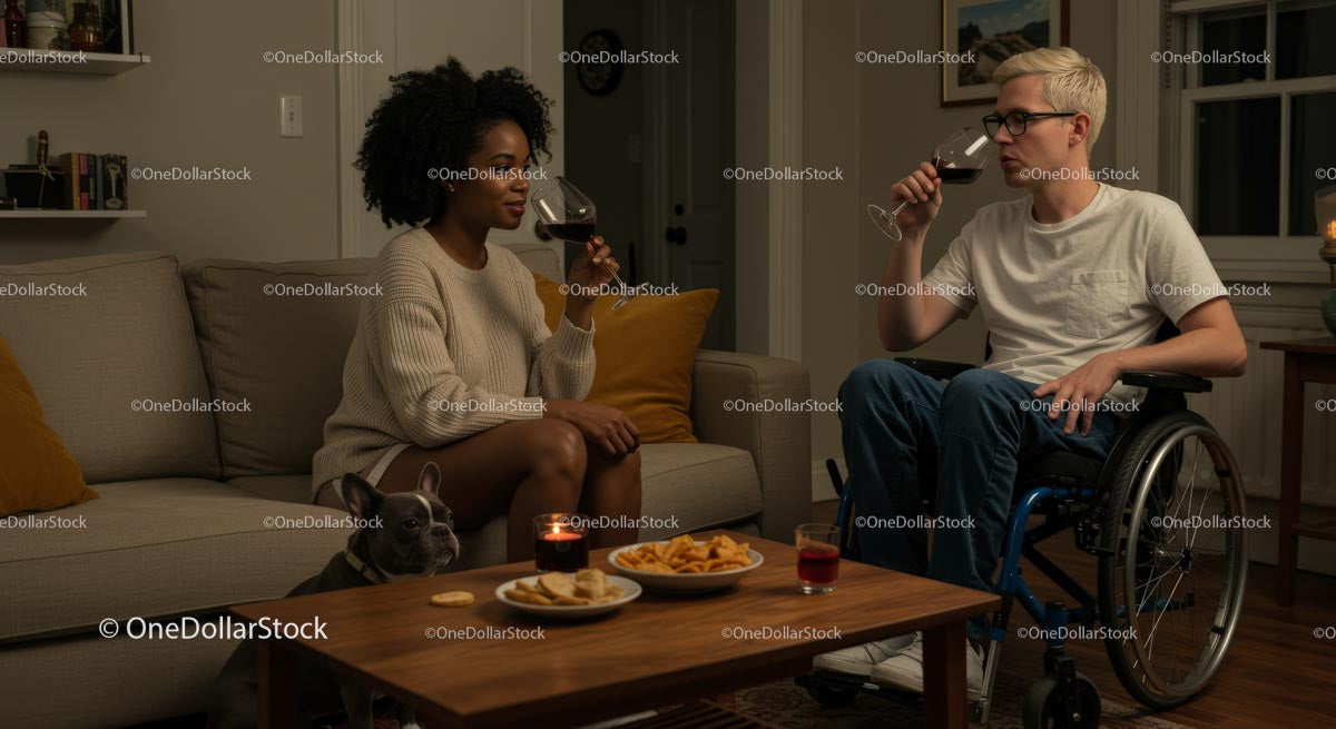 Friends Sharing Wine in Cozy Living Room