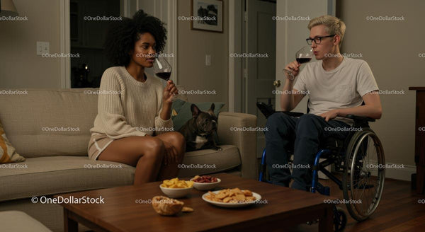 Friends Relaxing with Wine and Snacks in Living Room