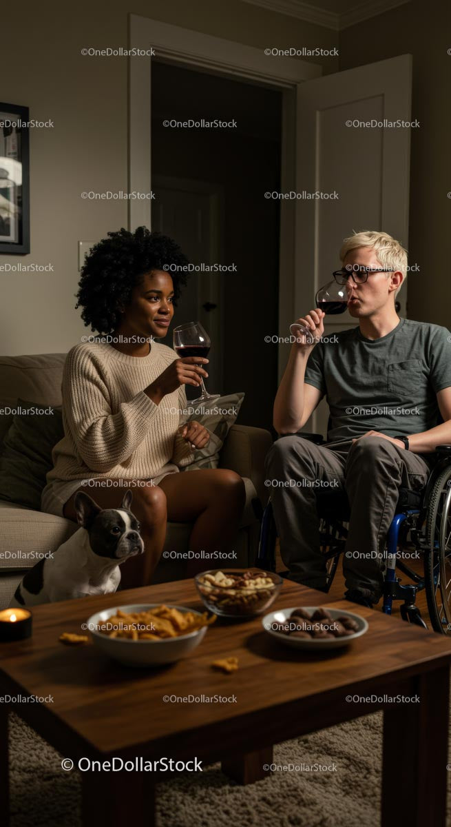 Interracial Friends Enjoying Wine in Cozy Living Room