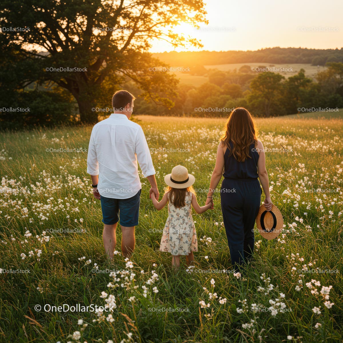 Family Walking Through Sunlit Meadow Holding Hands