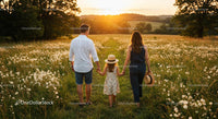 Family Walking Through Sunny Wildflower Field at Sunset