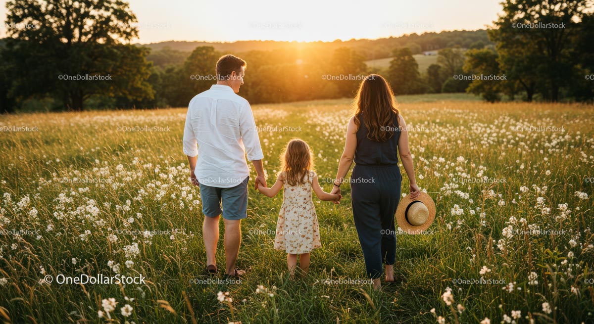 Family Walking in Sunlit Meadow at Sunset