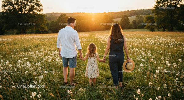 Family Walking in Sunlit Meadow at Sunset