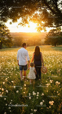 Family Stroll Through Sunlit Meadow at Dusk