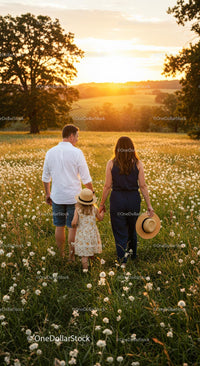 Family Walking Through Flower Meadow at Sunset