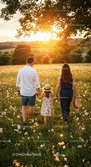 Family Enjoying a Summer Walk Through a Meadow at Sunset