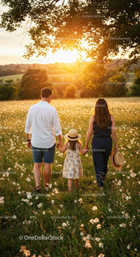 Family Enjoying a Summer Walk Through a Meadow at Sunset