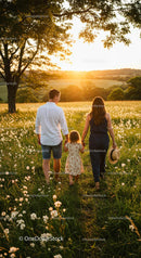 Family Strolling Hand in Hand Across a Sunny Meadow