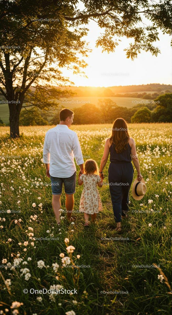 Family Strolling Hand in Hand Across a Sunny Meadow