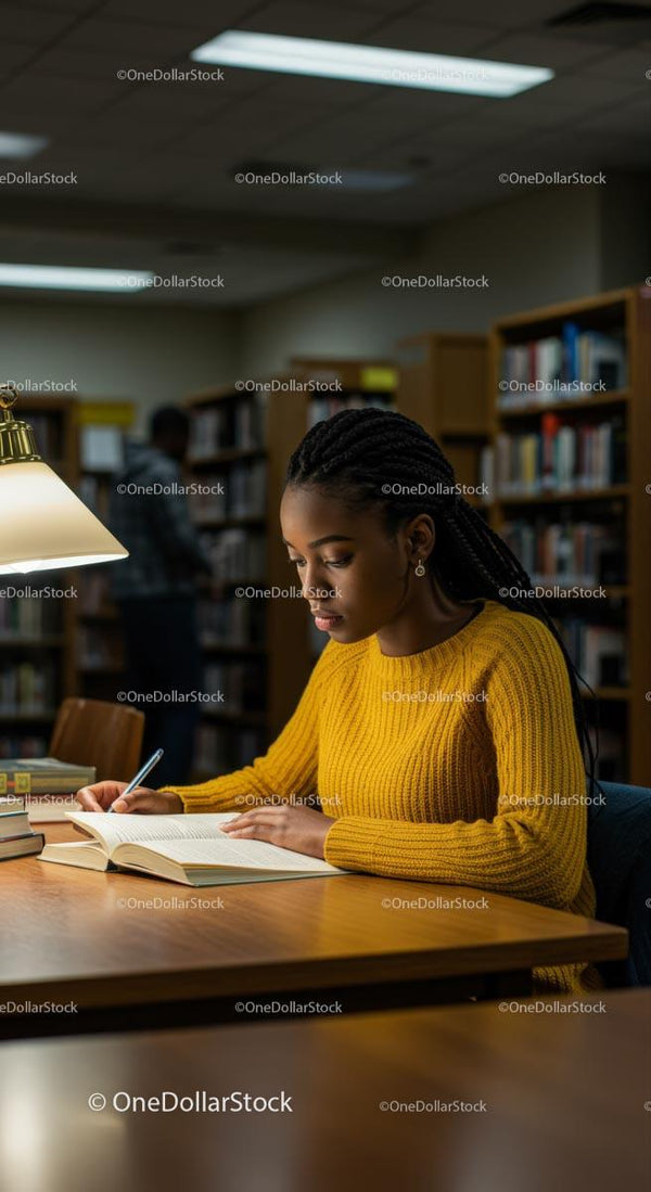 Studentka Głęboko Zaangażowana w Naukę przy Biurku w Bibliotece