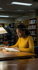 Focused Student Studying in Cozy Library Environment