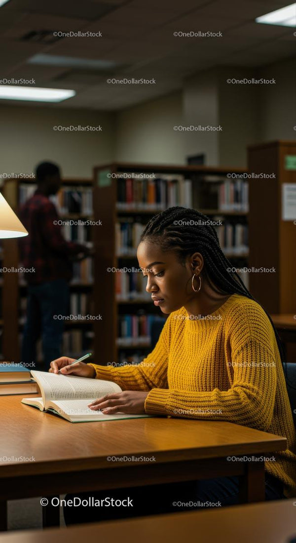 Skupiona młoda kobieta ucząca się w bibliotece