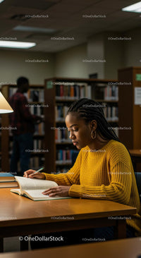 Focused Student Studying in Cozy Library Environment
