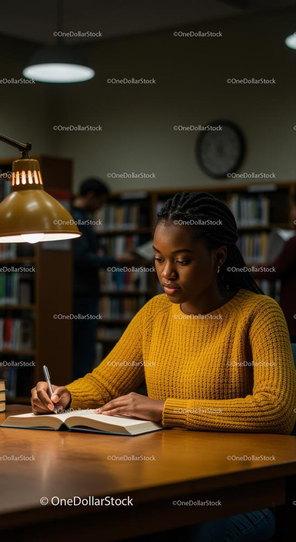 Skoncentrowana studentka ucząca się pod ciepłą lampą w bibliotece