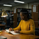 Focused Student Studying in Cozy Library Environment