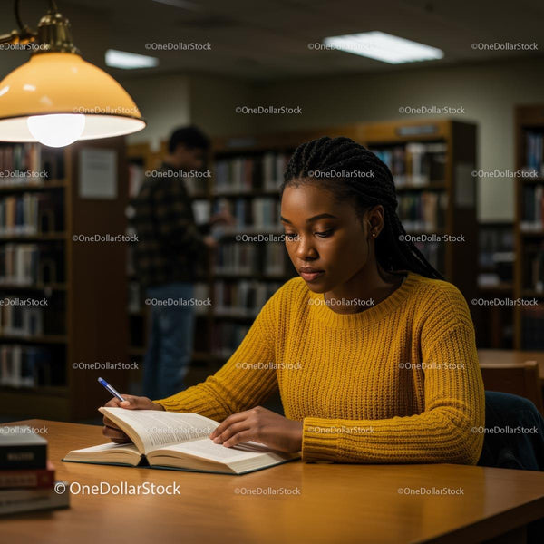 Skoncentrowana studentka czytająca w cichej bibliotece