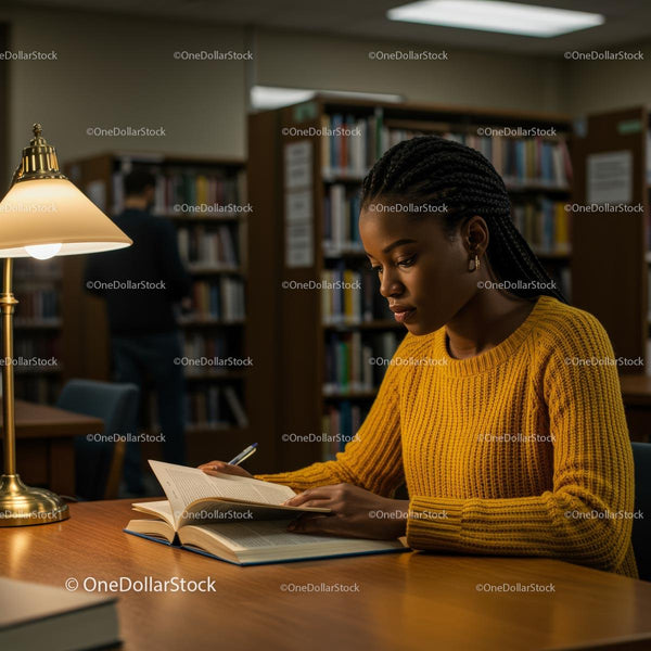 Skupiona studentka czytająca w przytulnej bibliotece
