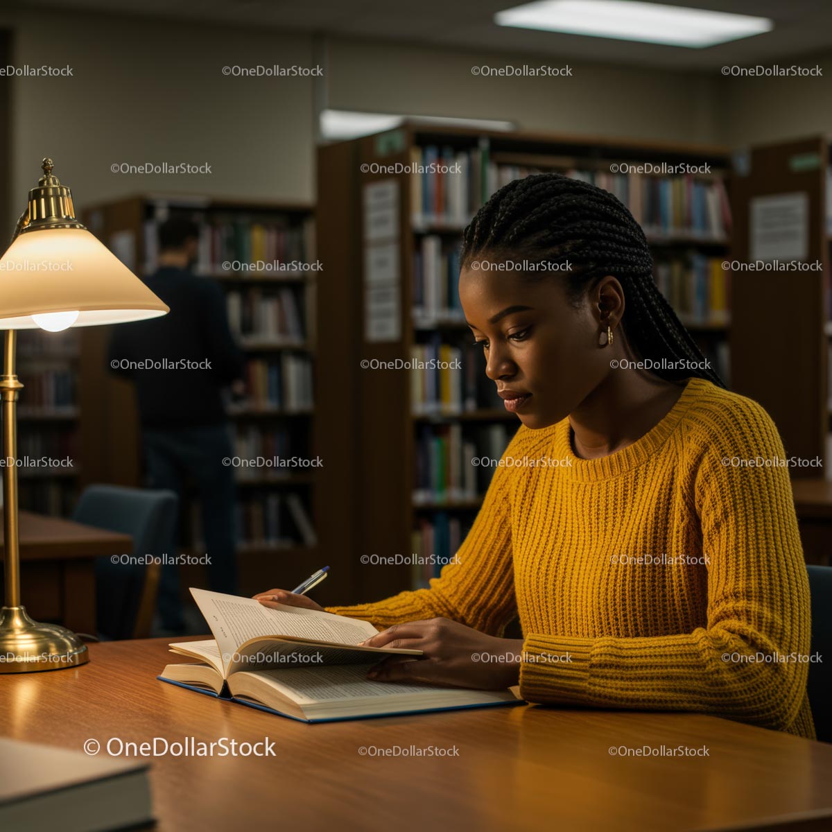 Focused Student Studying in Cozy Library Environment