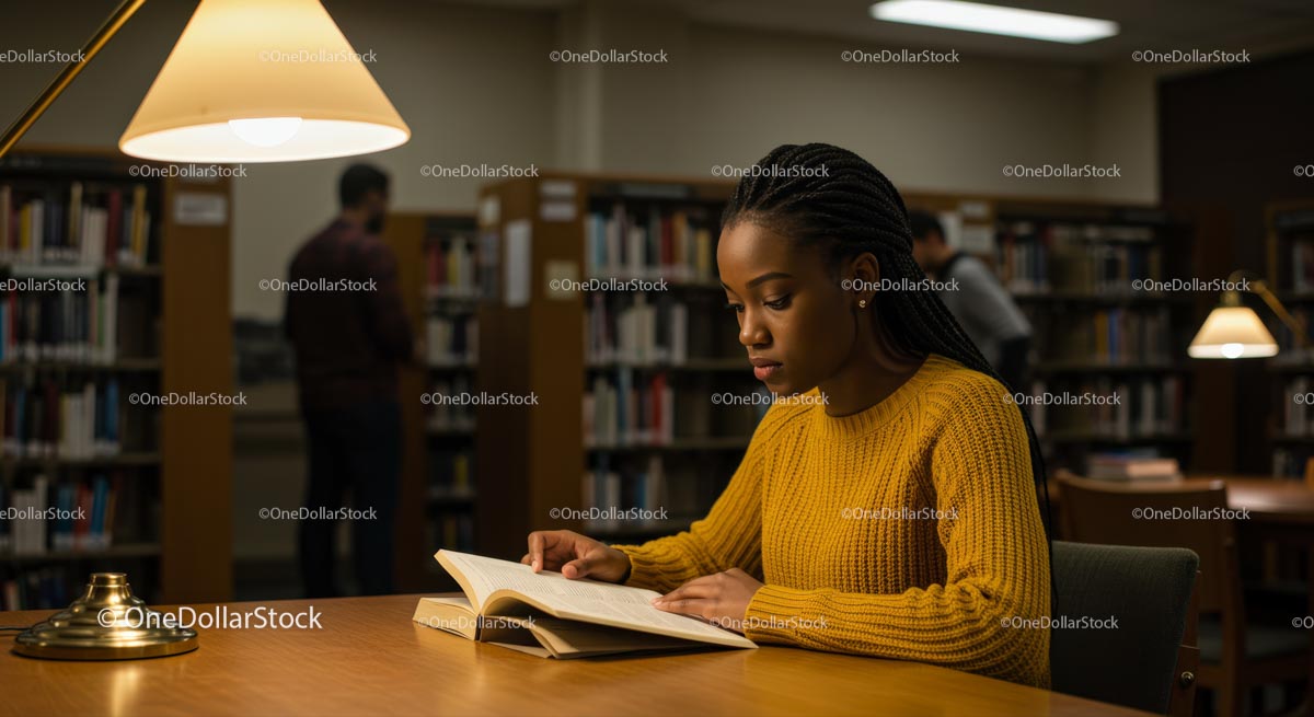 Focused Student Studying in Cozy Library Environment