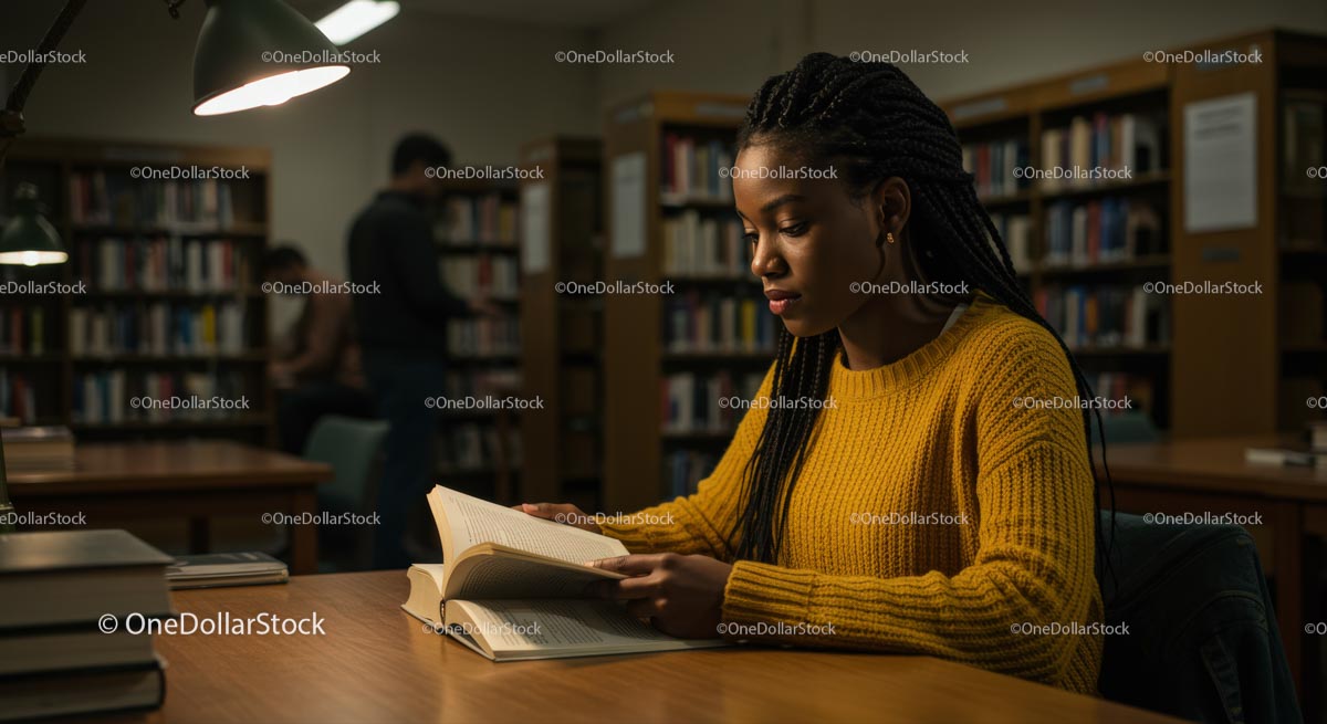Focused Student Studying in Cozy Library Environment