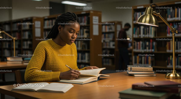 Studentka głęboko zaangażowana w naukę przy przytulnym biurku w bibliotece