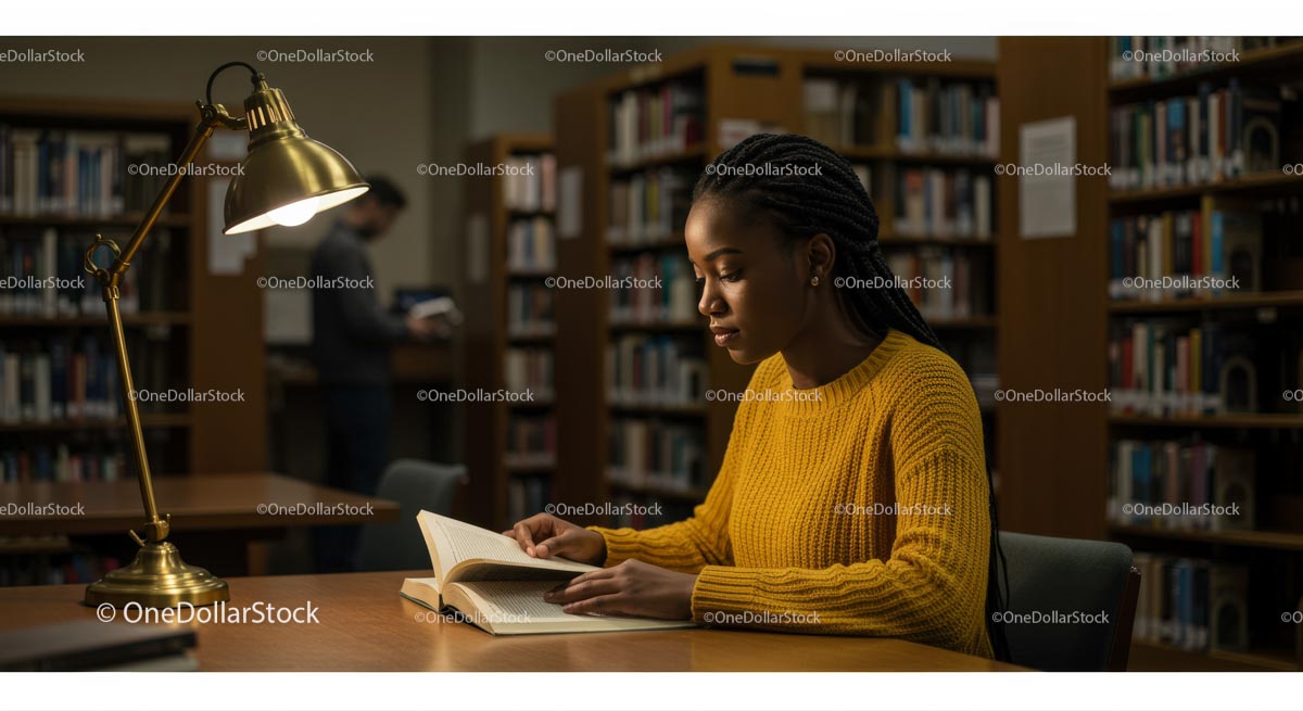 Focused Student Studying in Cozy Library Environment