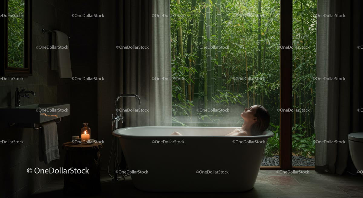 Woman Relaxing in Bathtub Overlooking Lush Bamboo Forest