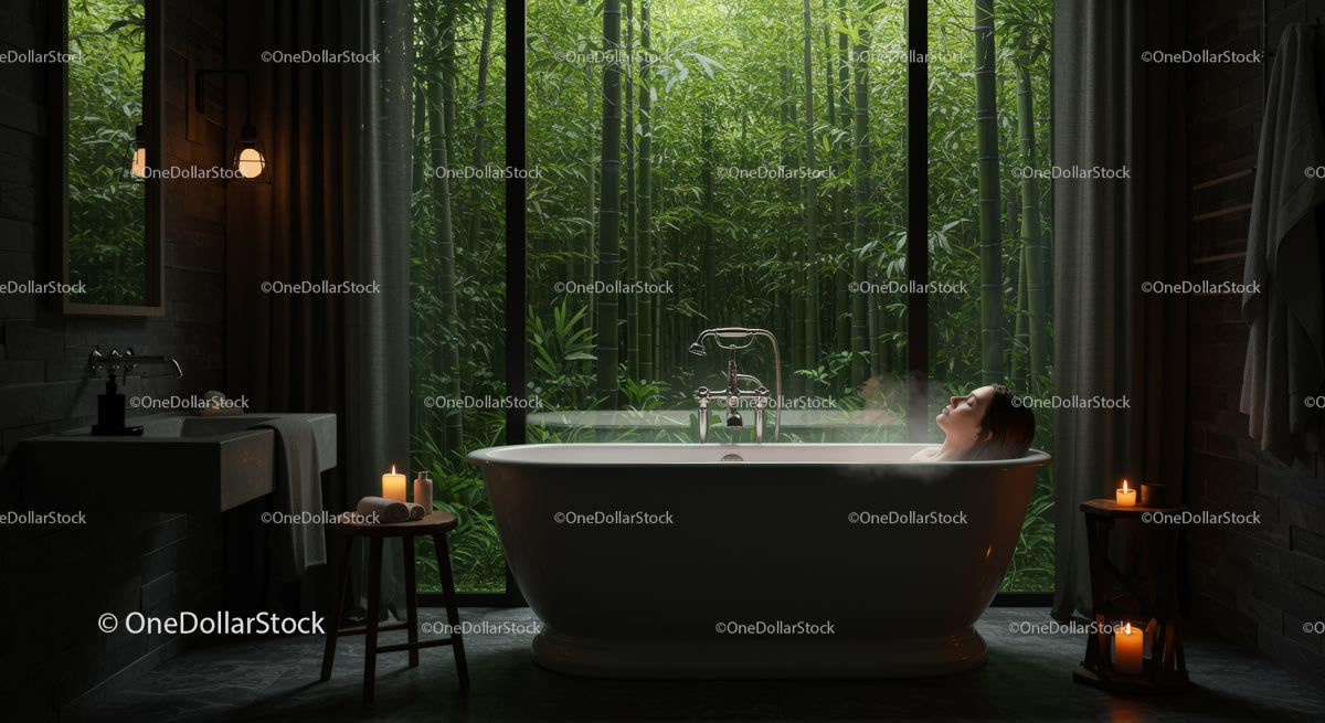 Peaceful Bath with Bamboo Forest View and Candlelight