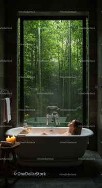 Serene Bath with Bamboo Forest View and Luxurious Ambiance