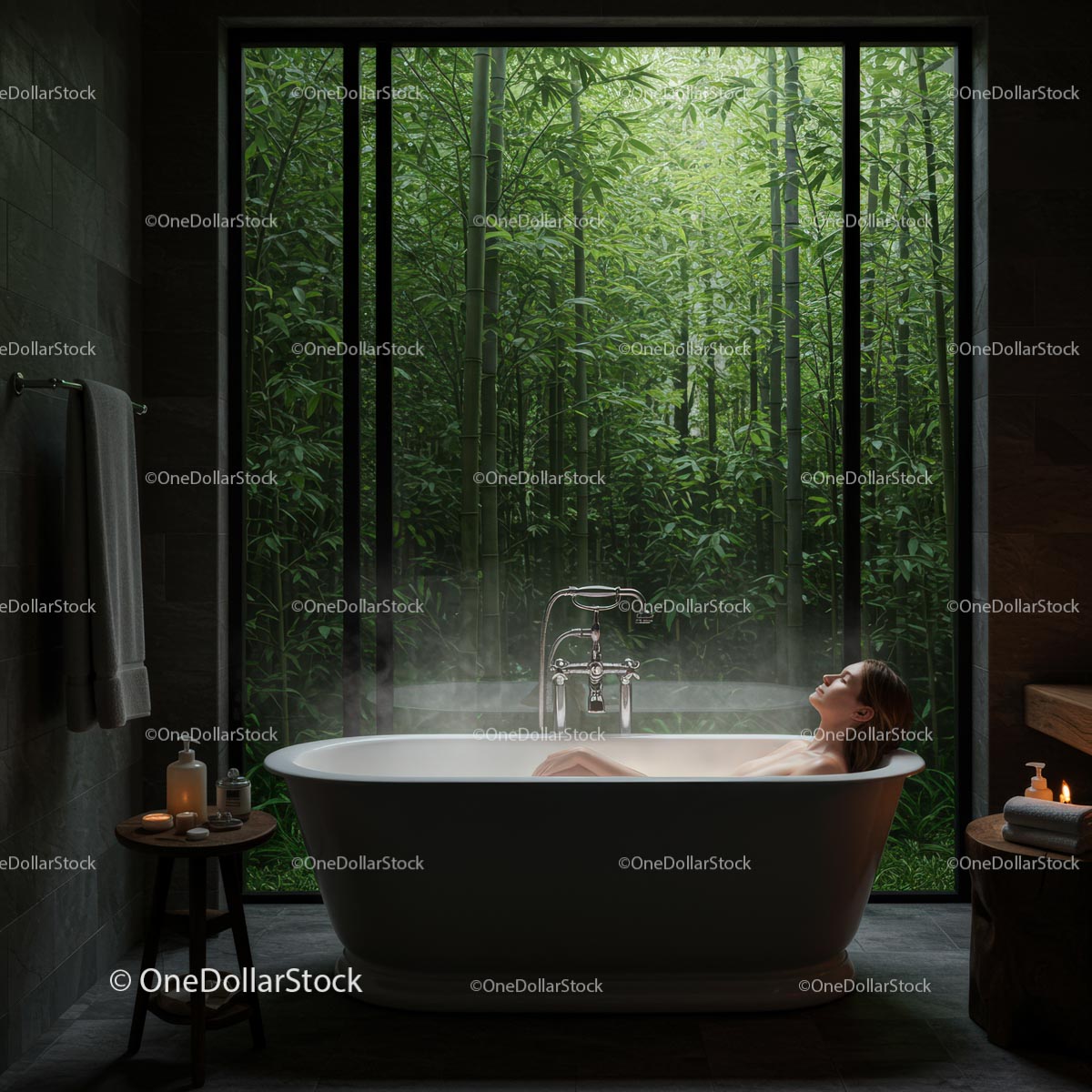 Relaxing Bath with Bamboo Forest Backdrop
