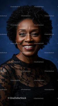 Smiling Woman in Black Lace Dress on Blue Background